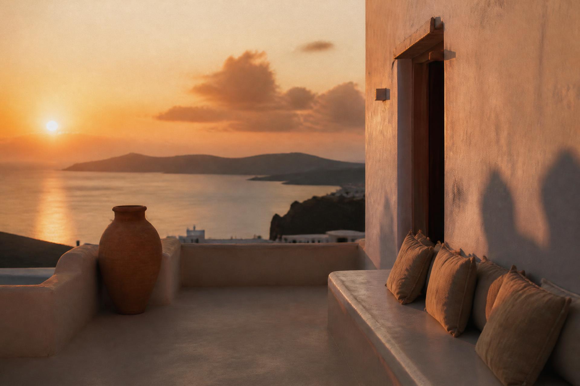 Mediterranean terrace at golden hour overlooking the sea